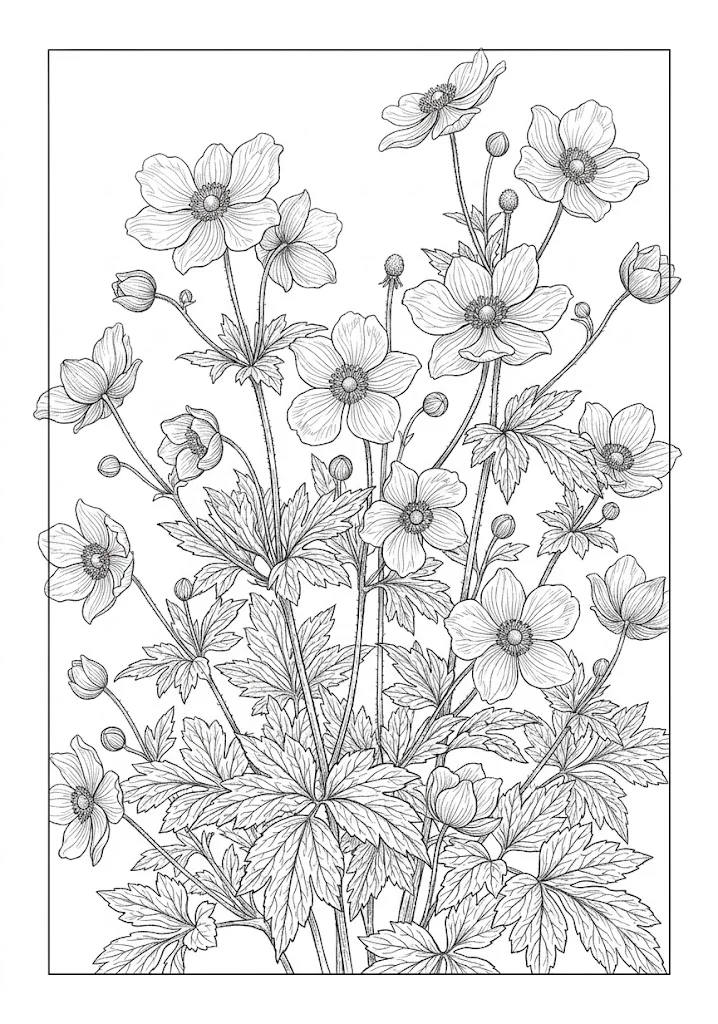 Printable Japanese Anemone coloring book coloring page for seniors