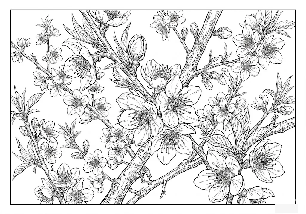 Printable Peach Flowers coloring book coloring page for seniors
