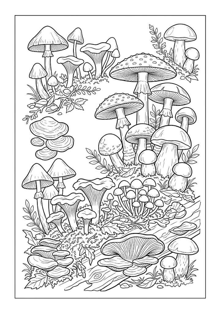 Printable Mushroom coloring book coloring page for seniors