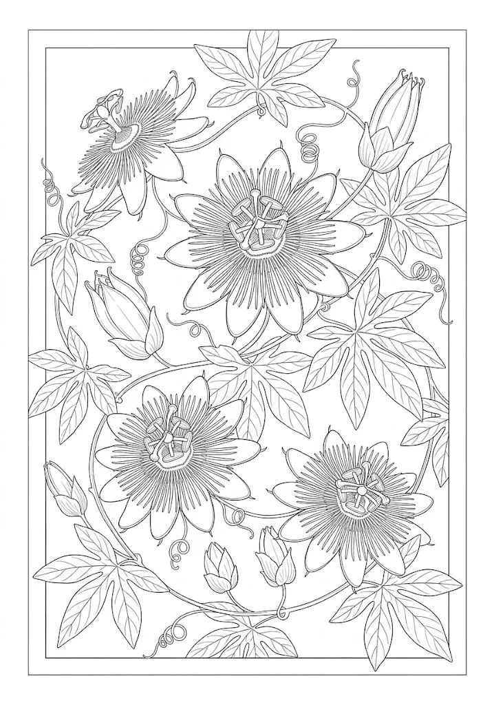 Printable Passionflower coloring book coloring page for seniors
