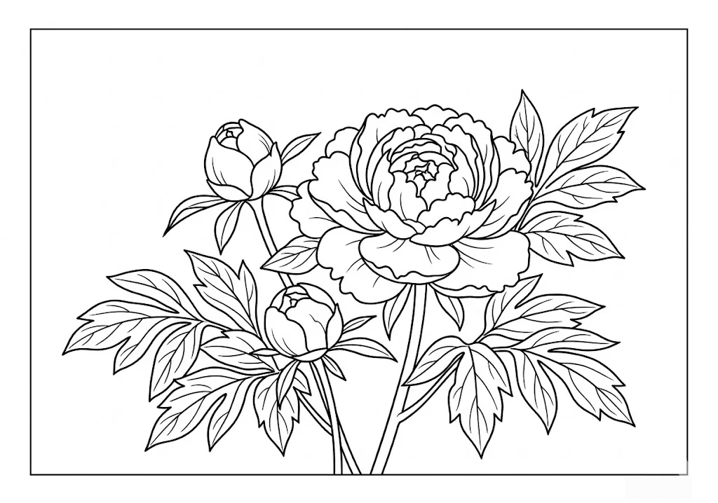 Printable Peony coloring book coloring page for seniors