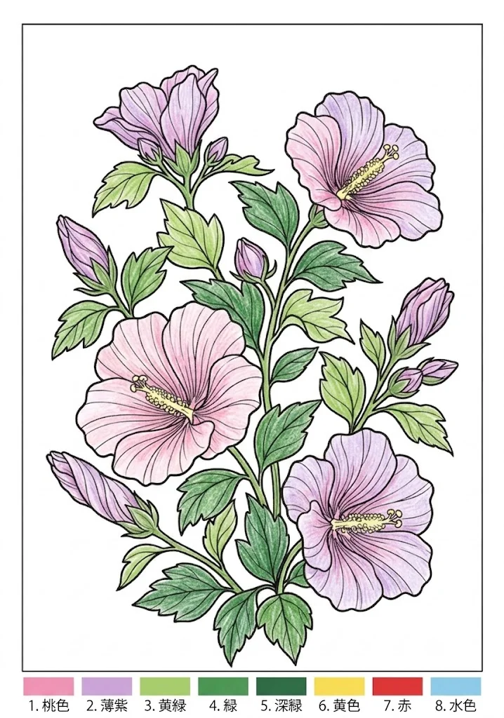 Colored Rose of Sharon coloring book coloring page example