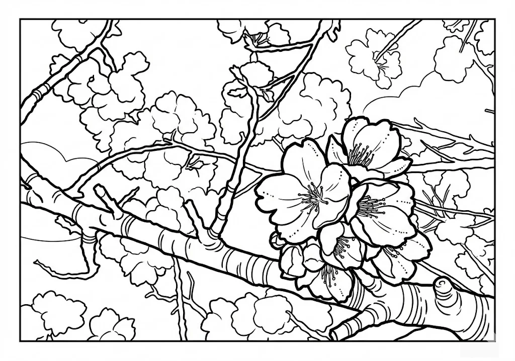 Printable Cherry Blossom Flowers coloring page for seniors