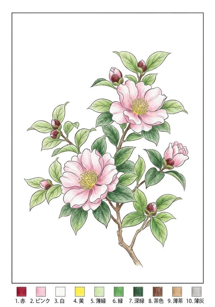 Colored Sasanqua Camellia coloring book coloring page example