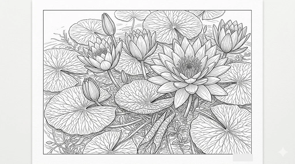 Printable Water lily coloring book coloring page for seniors