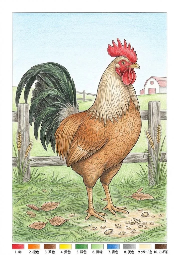 Coloriage pour seniors : Coq — exemple en couleur