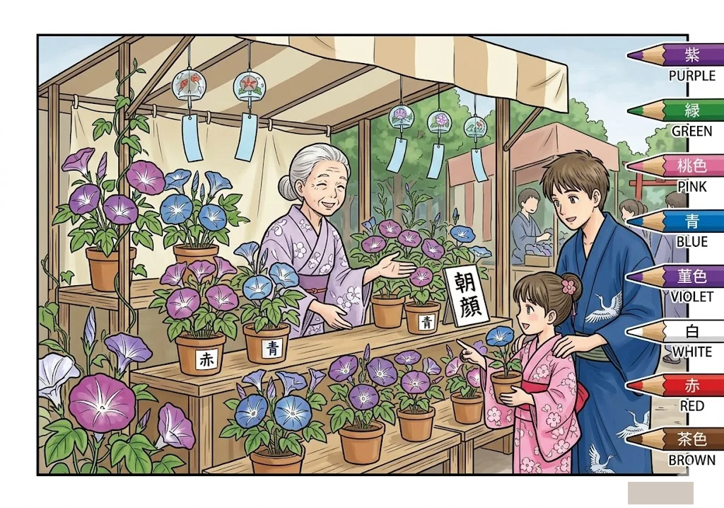 Dessin Ipomée Ichi — Marché aux ipomées 2 colorié