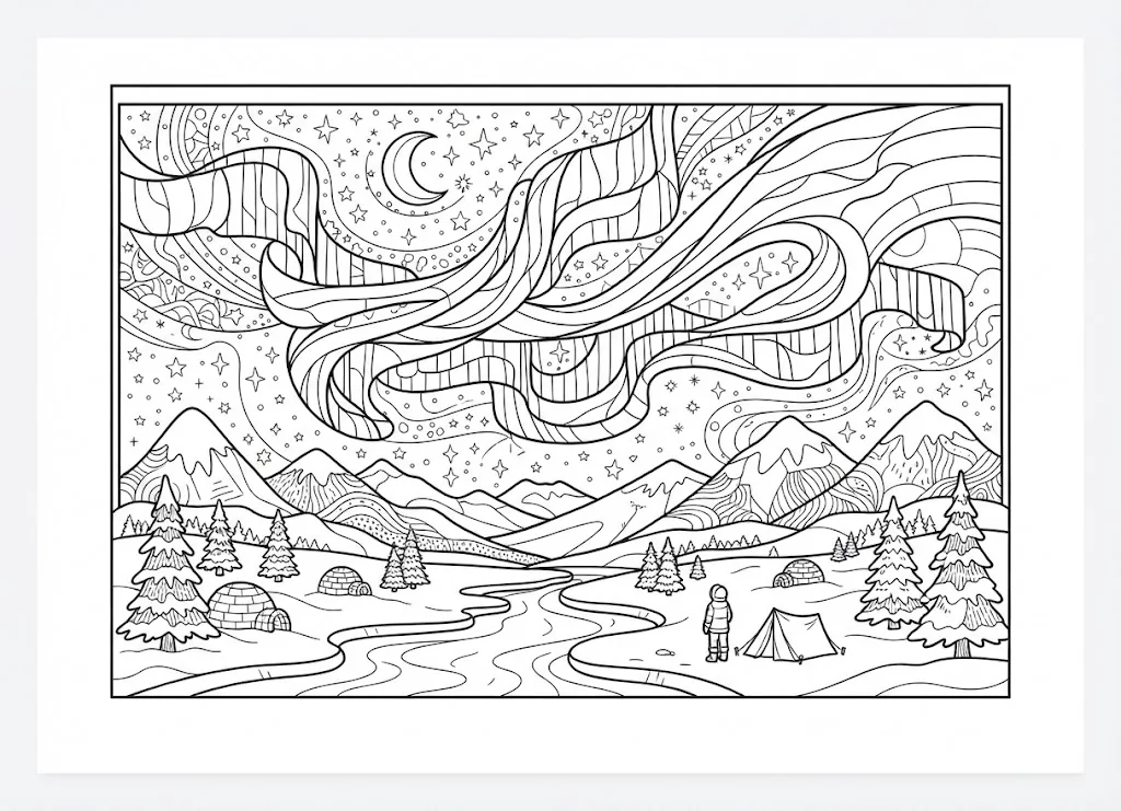 Coloriage gratuit à imprimer pour seniors : Aurore polaire