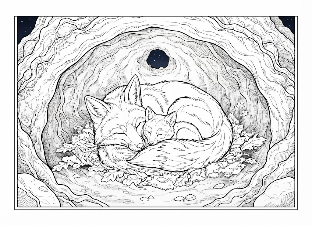 Coloriage gratuit à imprimer pour seniors : Famille de renards endormis