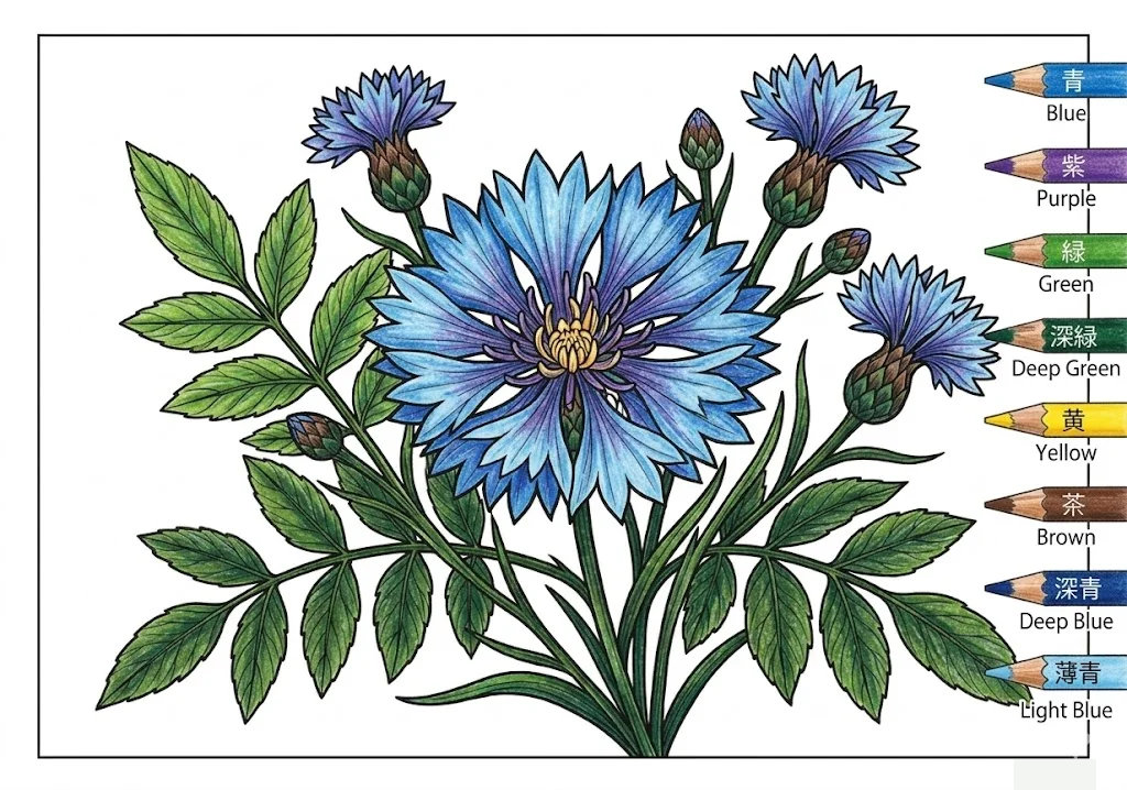 Exemple colorié du livre de coloriage Bleuet