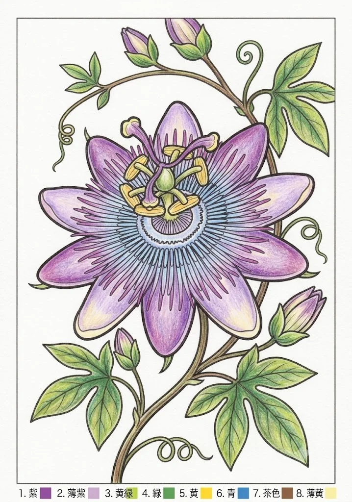 Exemple colorié du livre de coloriage Passiflore
