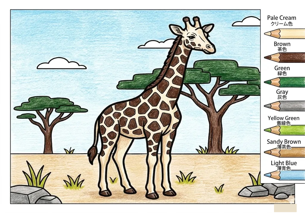 Tier-Ausmalbild für Senioren: Giraffe — Beispiel in Farbe