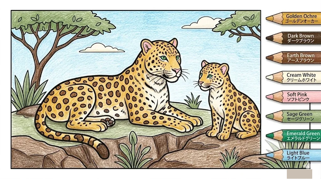 Tier-Ausmalbild für Senioren: Leopard — Beispiel in Farbe