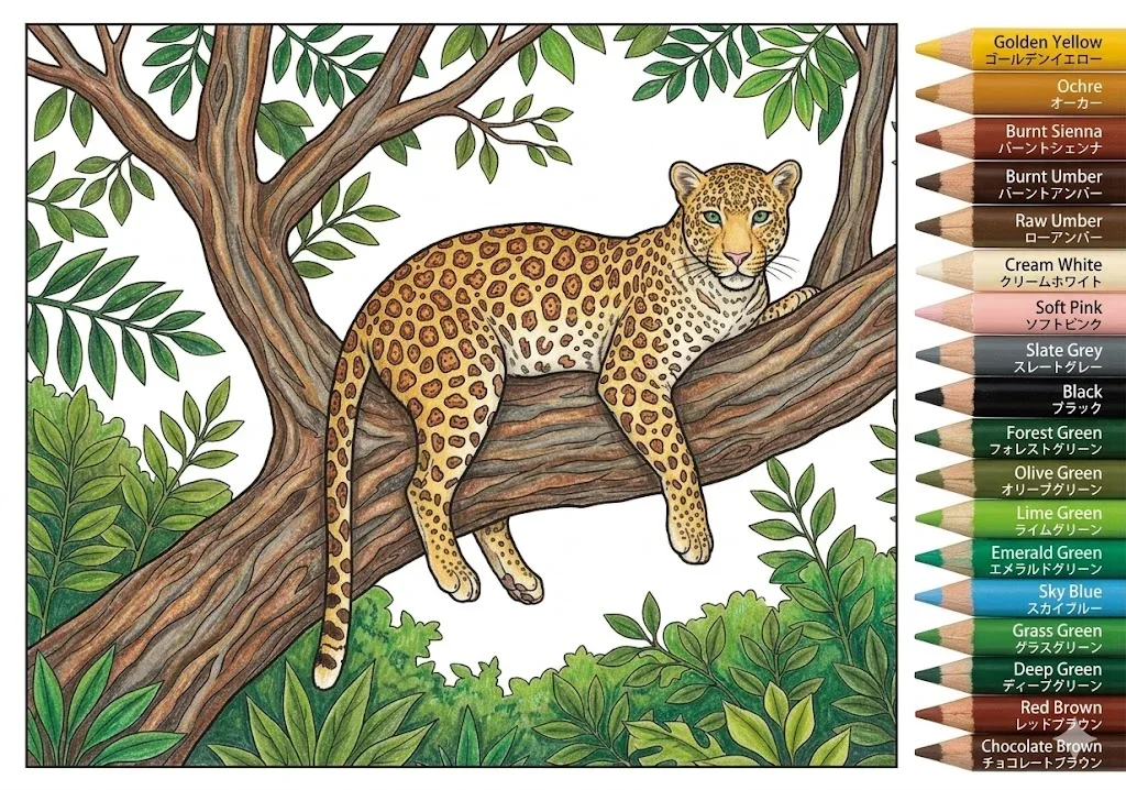 Tier-Ausmalbild für Senioren: Leopard — Beispiel in Farbe