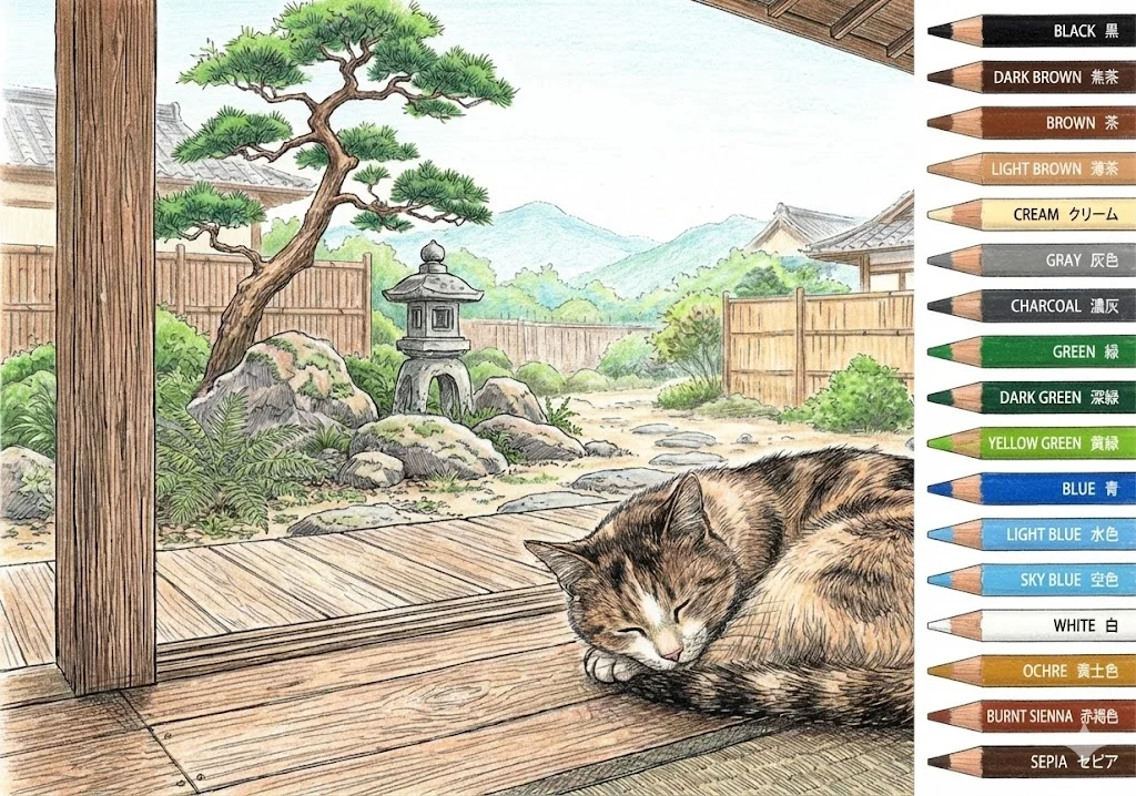 Tier-Ausmalbild für Senioren: Dreifarbige Katze — Beispiel in Farbe