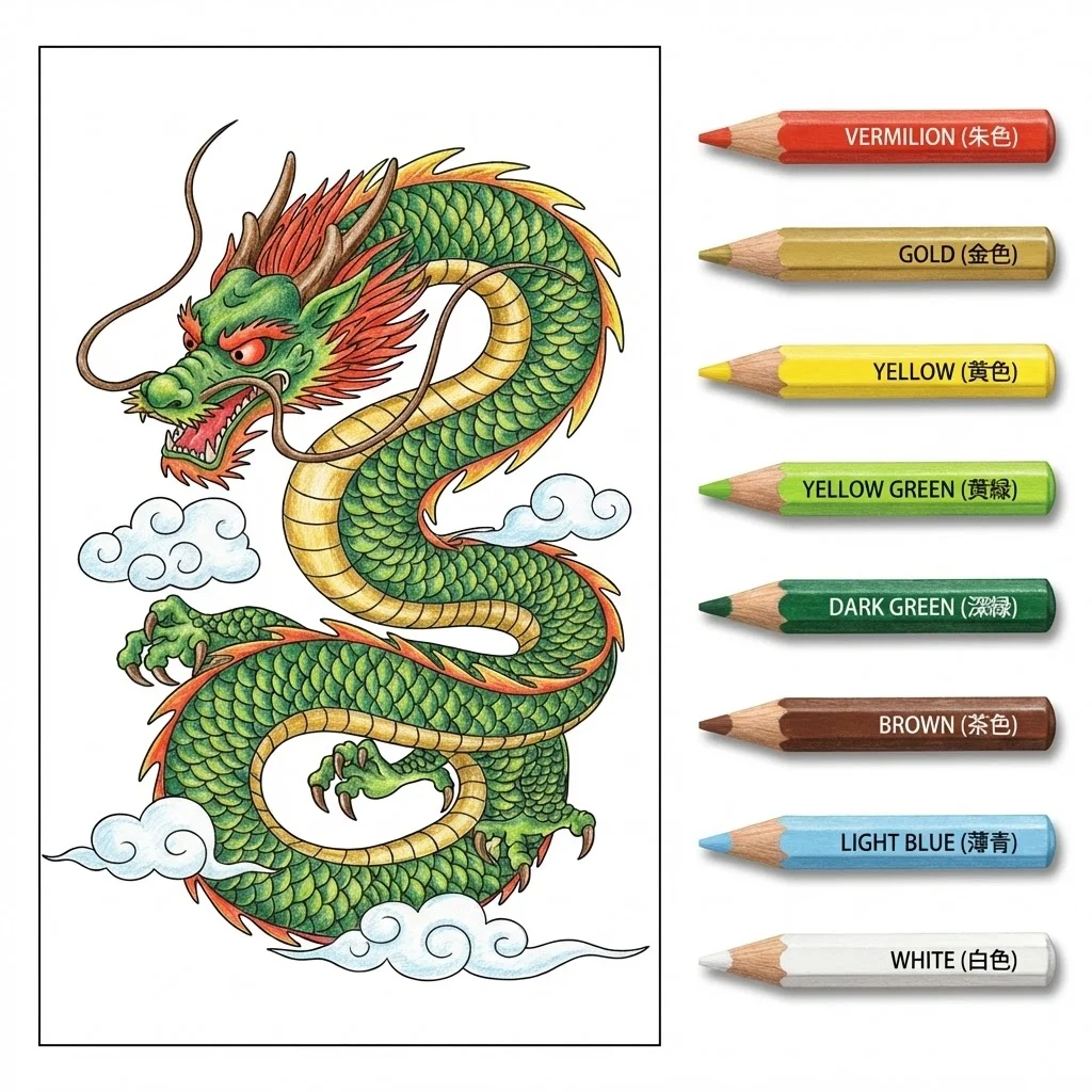 Tier-Ausmalbild für Senioren: Drache — Beispiel in Farbe
