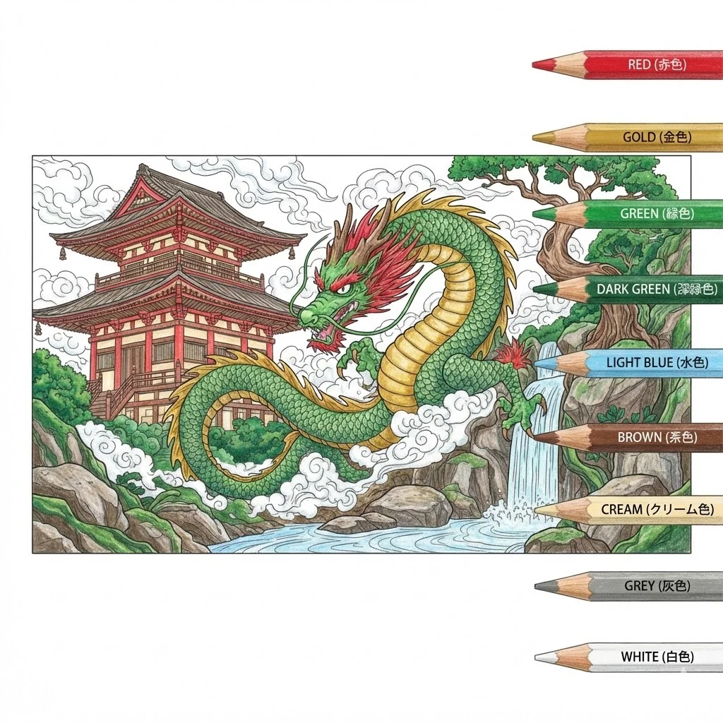 Tier-Ausmalbild für Senioren: Drache — Beispiel in Farbe