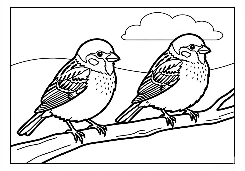 Tier-Ausmalbild für Senioren: Sperling — zum Ausdrucken