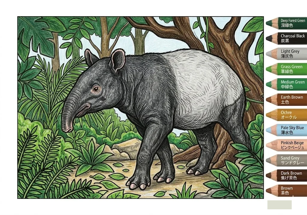 Tier-Ausmalbild für Senioren: Tapir — Beispiel in Farbe
