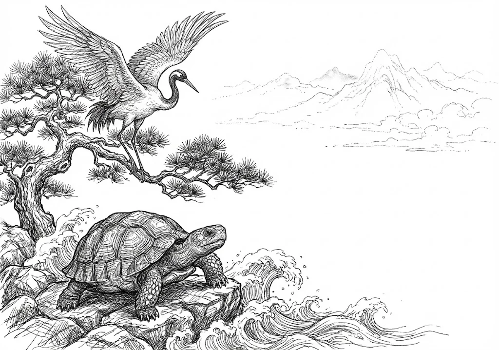 Tier-Ausmalbild für Senioren: Kranich und Schildkröte — zum Ausdrucken