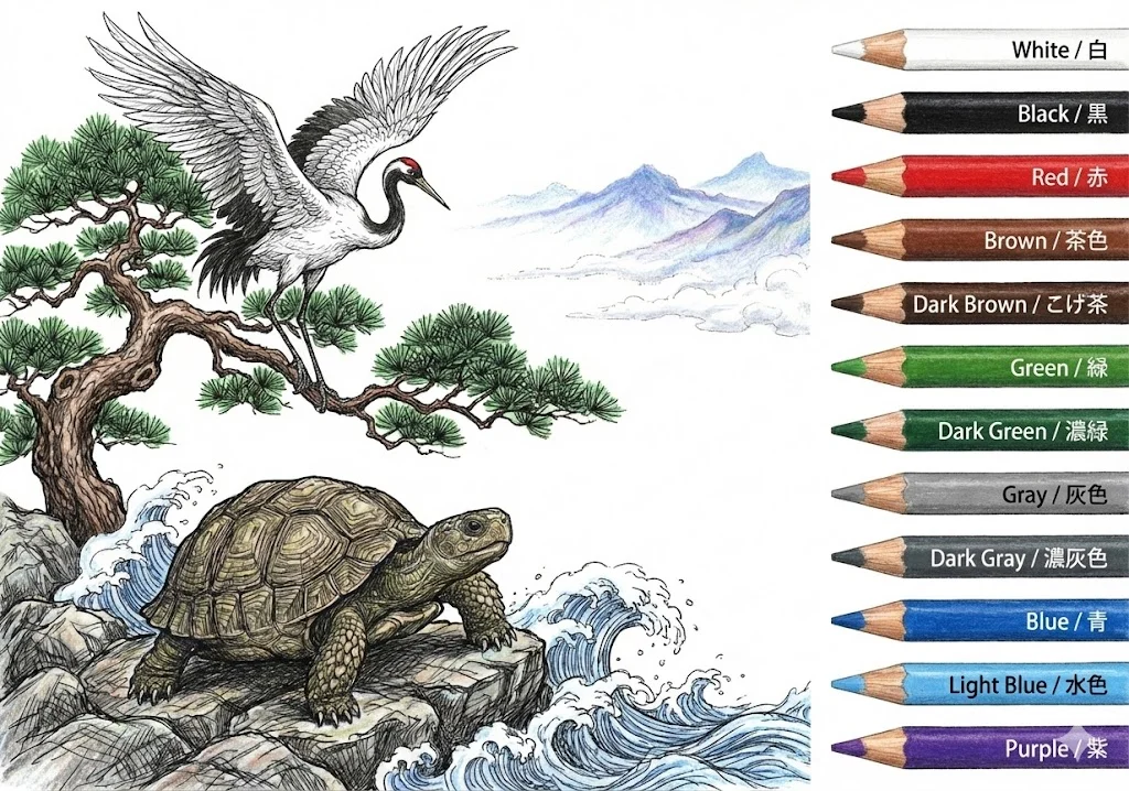 Tier-Ausmalbild für Senioren: Kranich und Schildkröte — Beispiel in Farbe