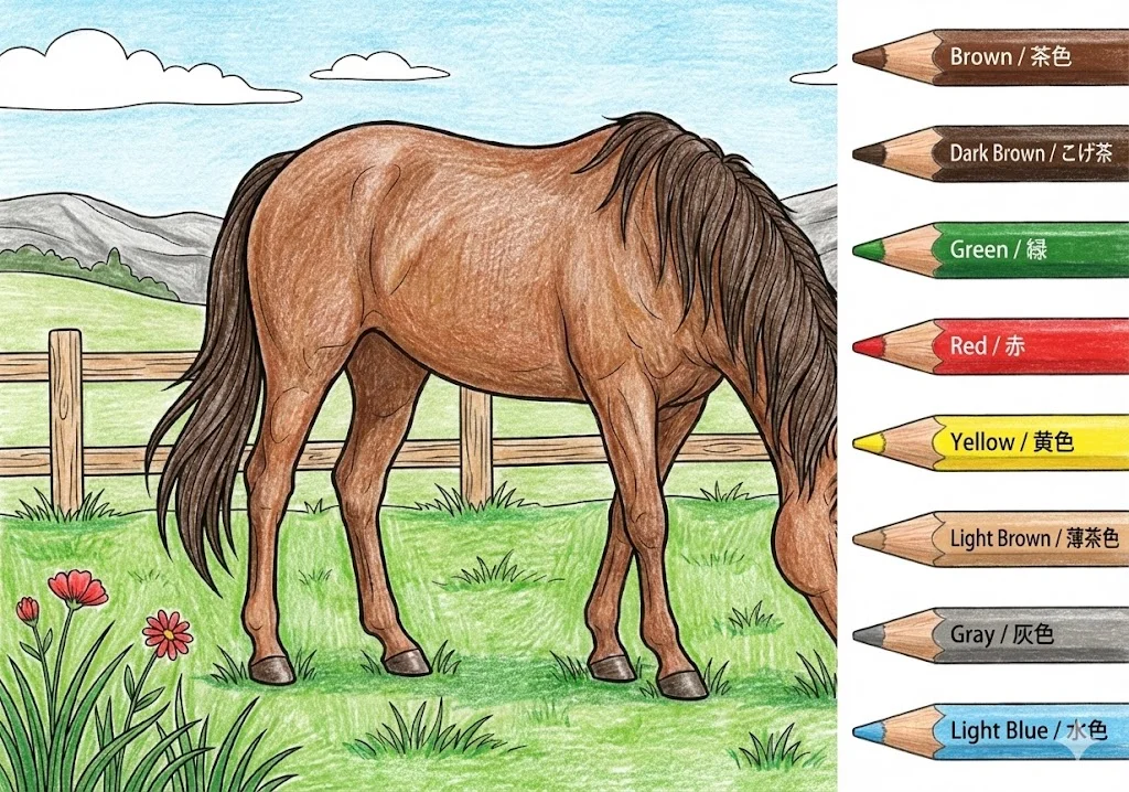 Tier-Ausmalbild für Senioren: Pferd — Beispiel in Farbe
