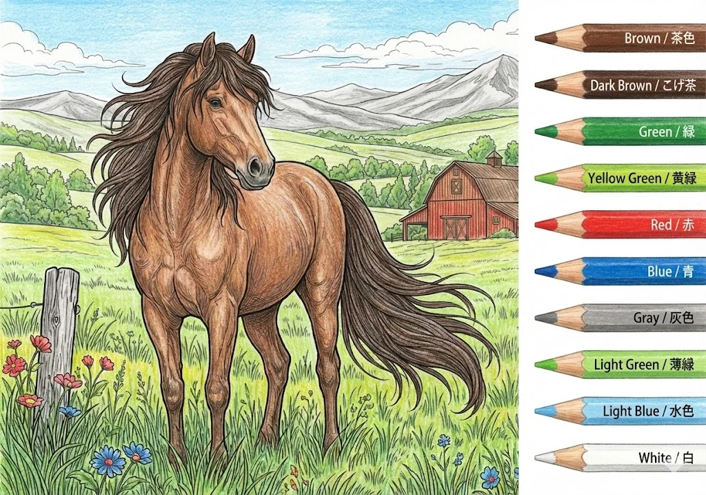 Tier-Ausmalbild für Senioren: Pferd — Beispiel in Farbe