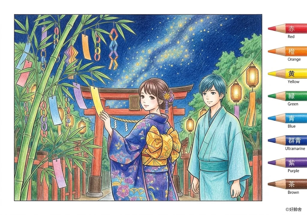 Tanabata-Sternenfest — Das Sternenfest — Motiv 3, ausgemalt