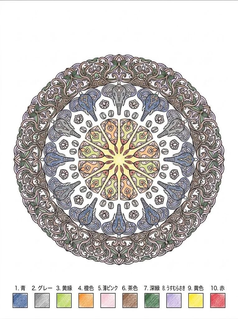 Farbiges Beispiel: Elefanten-Mandala