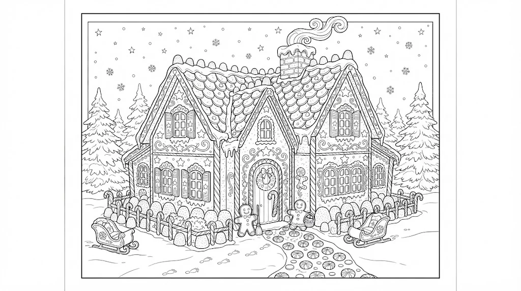 Kostenloses Ausmalbild für Senioren: Lebkuchenhaus