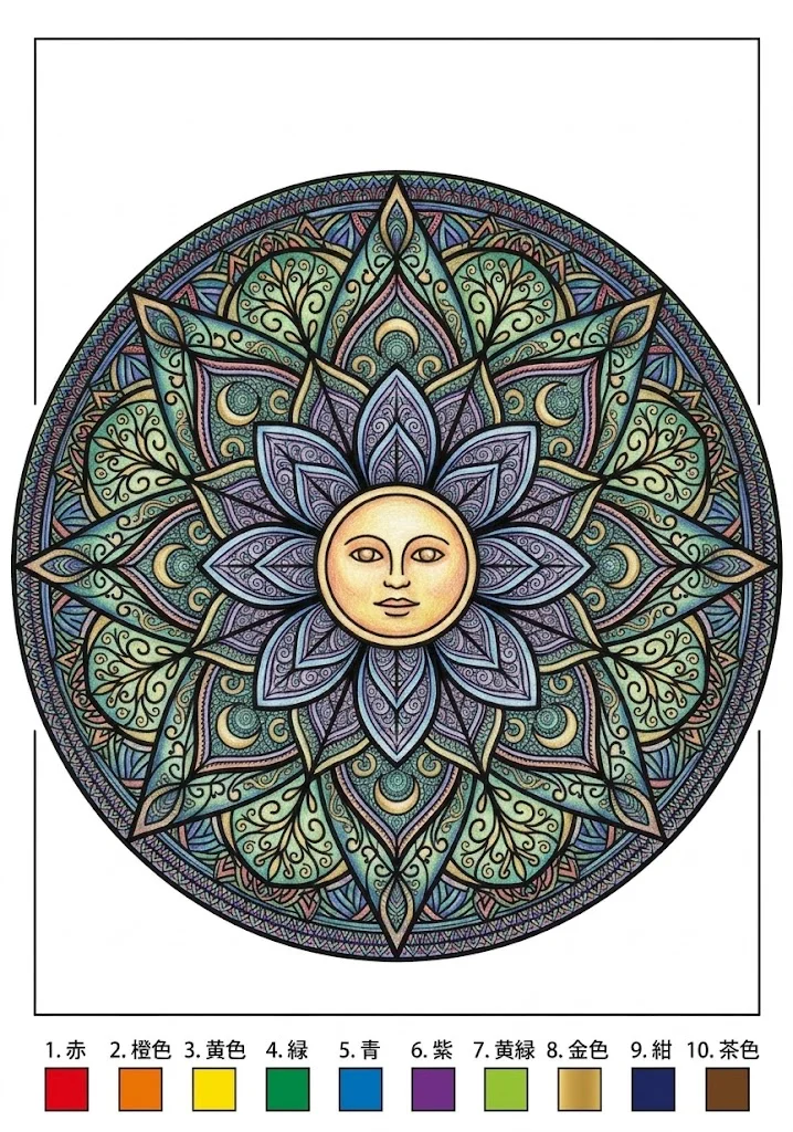 Farbiges Beispiel: Mond-Mandala
