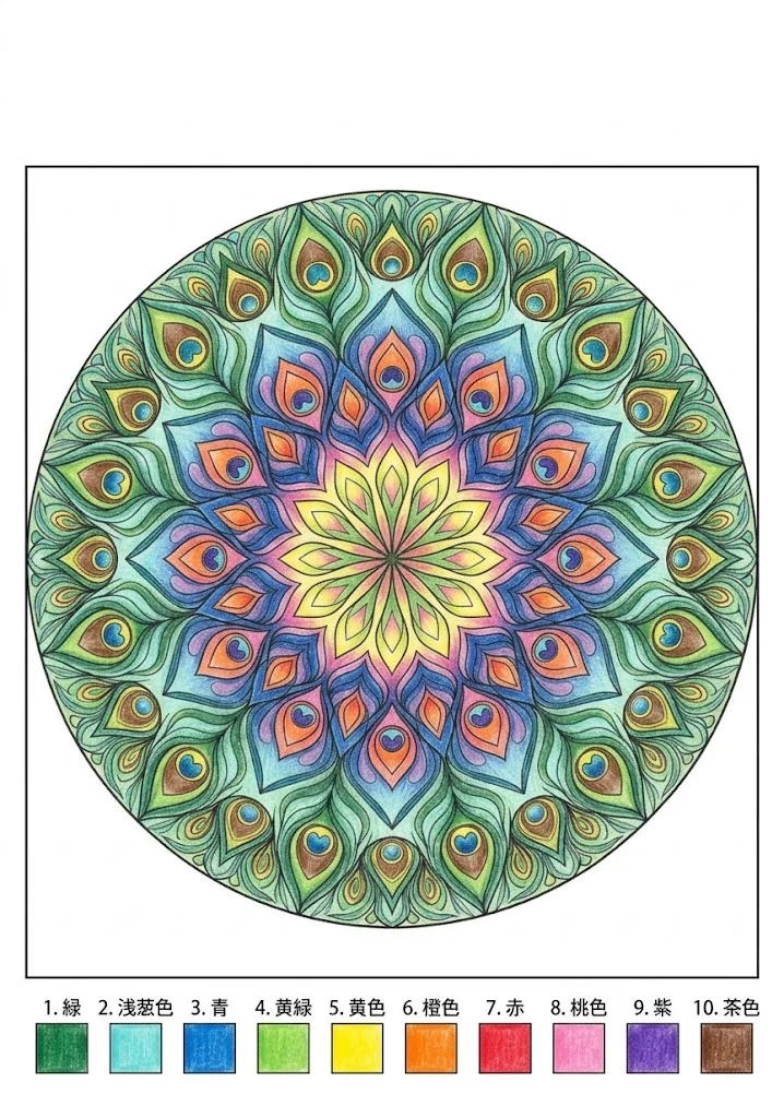 Farbiges Beispiel: Pfauen-Mandala
