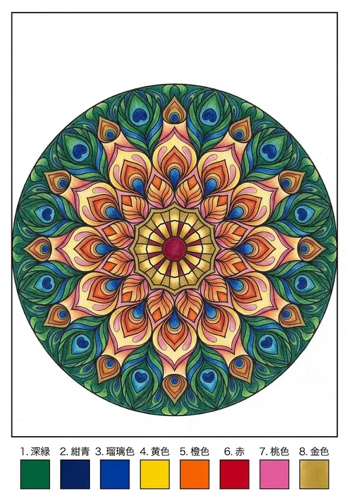 Farbiges Beispiel: Pfauen-Mandala