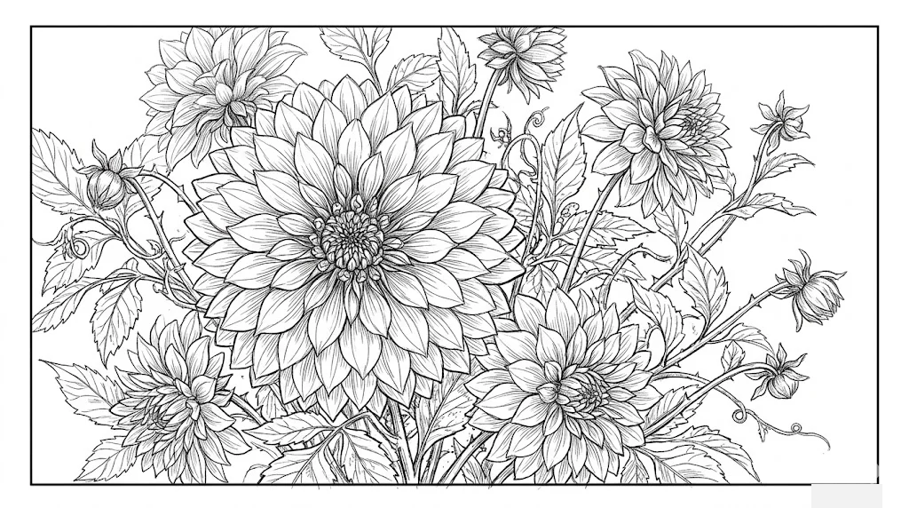 Dahlie — Ausmalbild zum Ausdrucken für Senioren