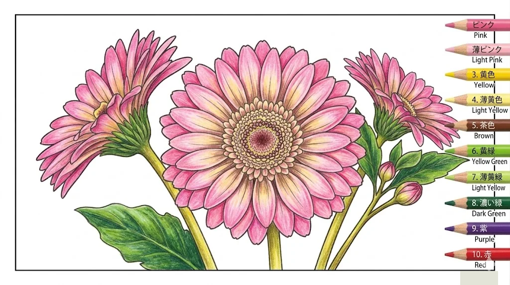 Gerbera — Beispiel für das fertig ausgemalte Bild