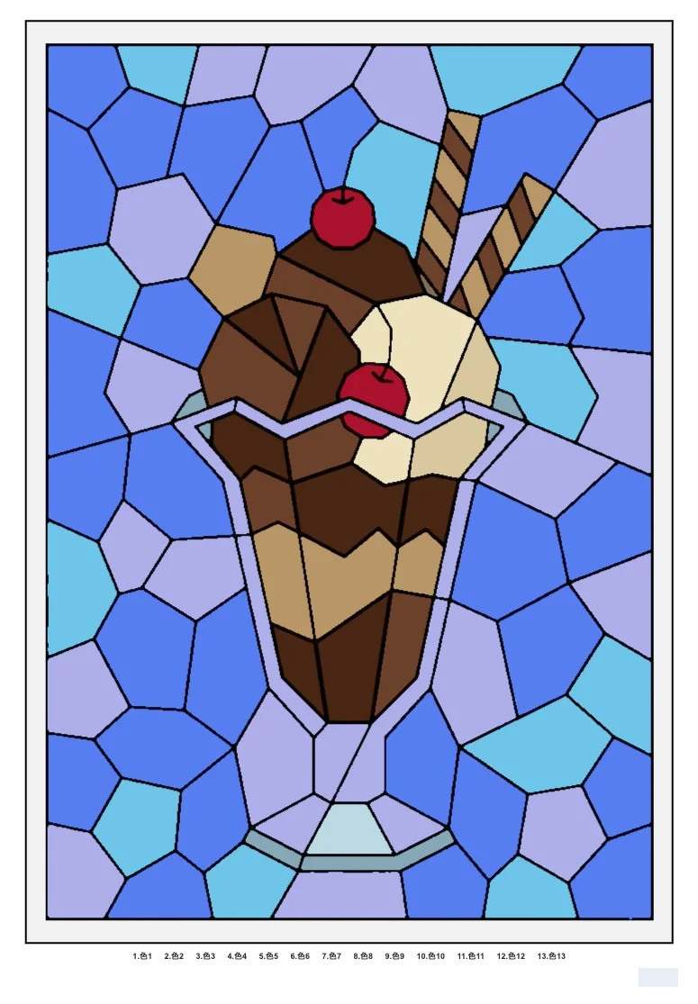 Schokoladen-Parfait — Rätsel-Ausmalbild, Beispiel in Farbe