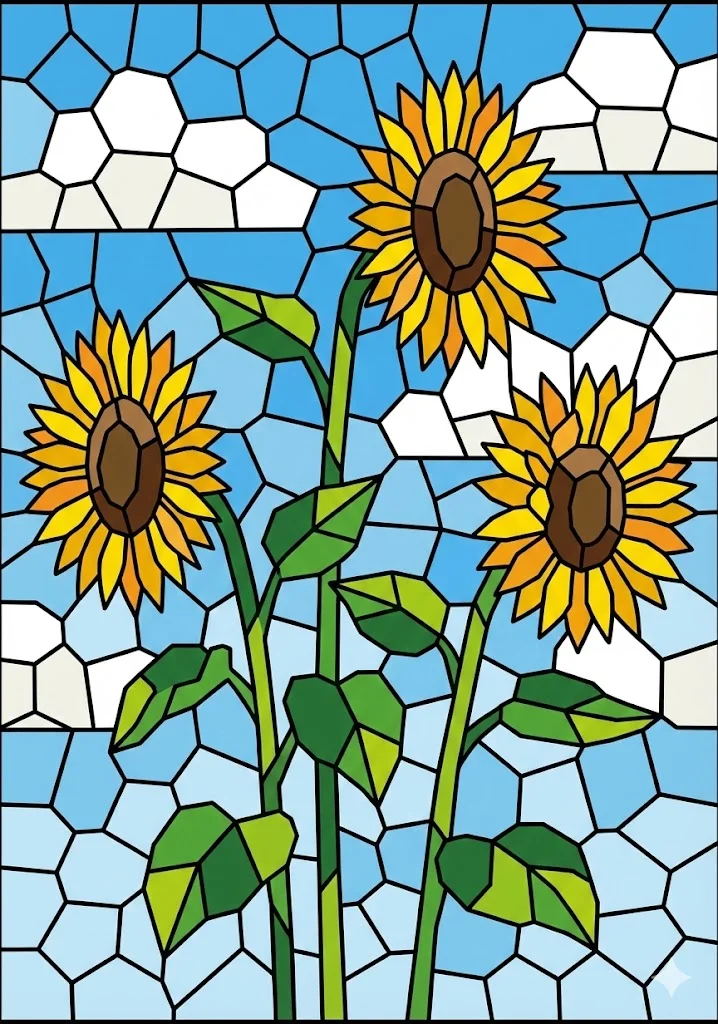 Sonnenblume — Rätsel-Ausmalbild, Beispiel in Farbe