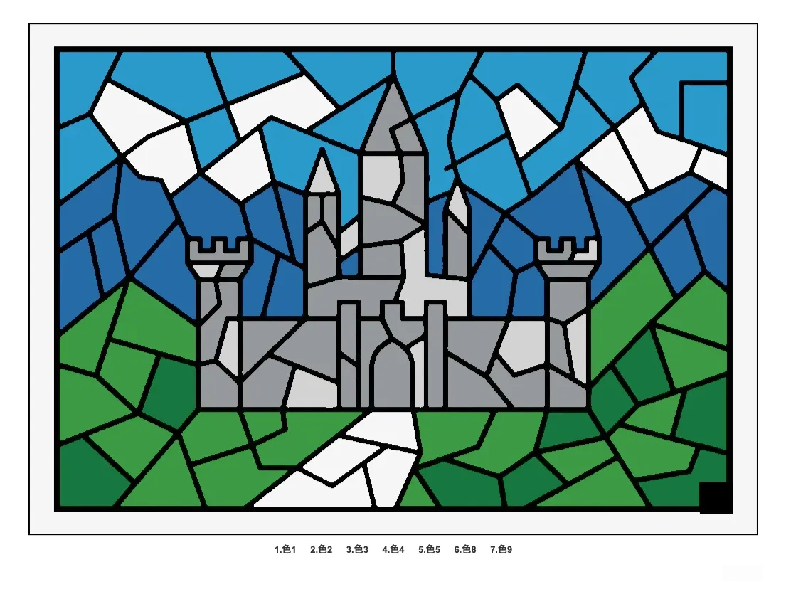 Burg — Rätsel-Ausmalbild, Beispiel in Farbe