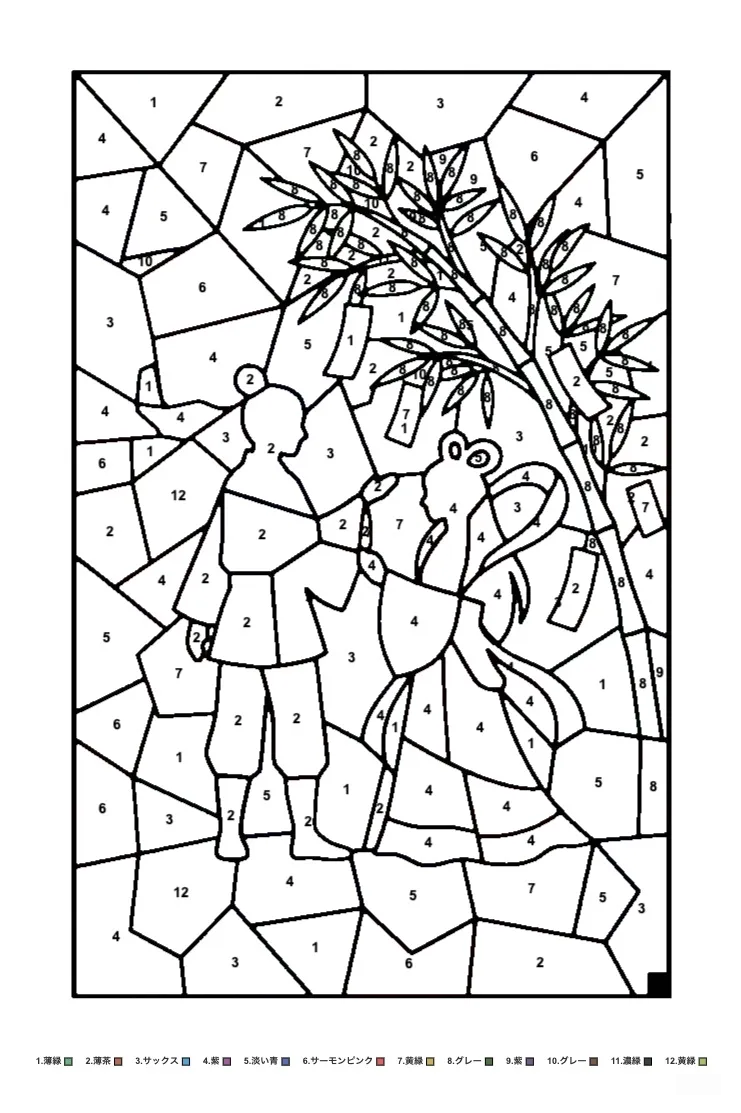 Tanabata-Sternenfest — Rätsel-Ausmalbild zum Ausdrucken für Senioren