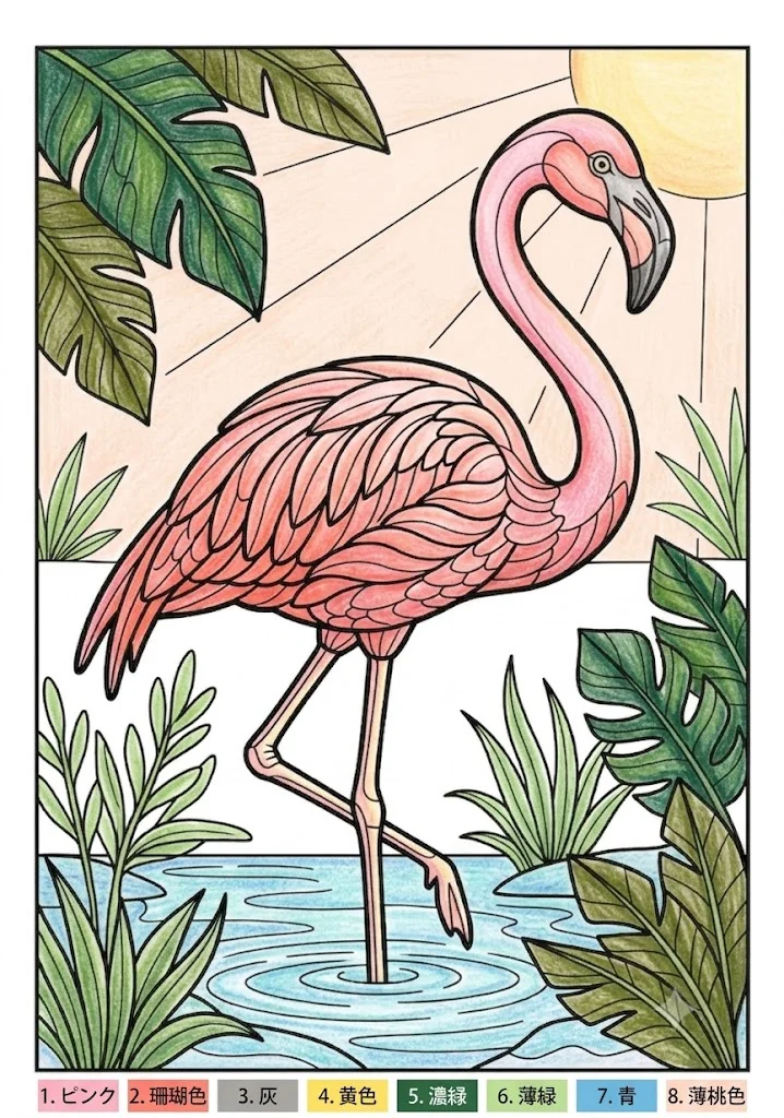 フラミンゴの塗り絵 完成見本（彩色の見本）
