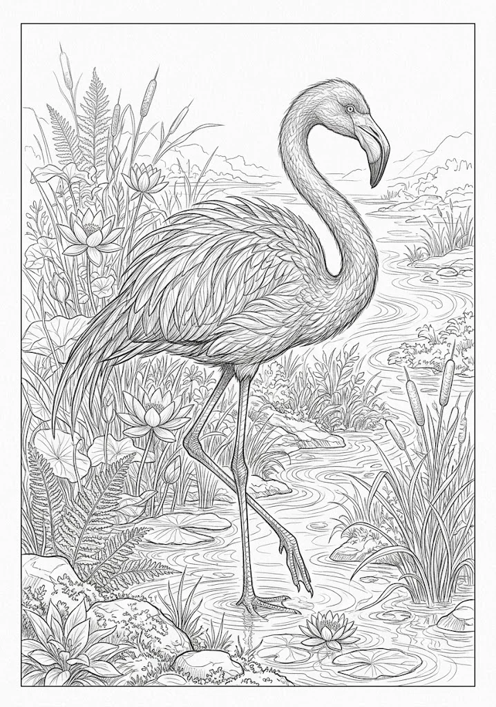 高齢者向け無料塗り絵：フラミンゴ（芸術家・A4印刷用）