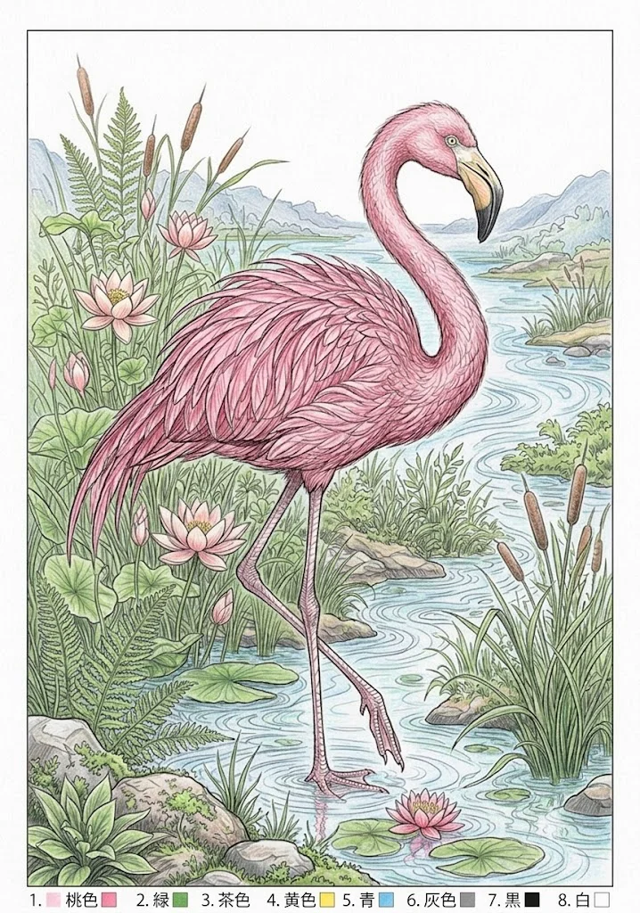 フラミンゴの塗り絵 完成見本（彩色の見本）