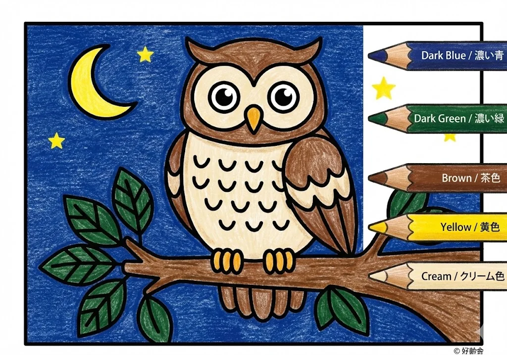 フクロウの塗り絵 完成見本（彩色の見本）