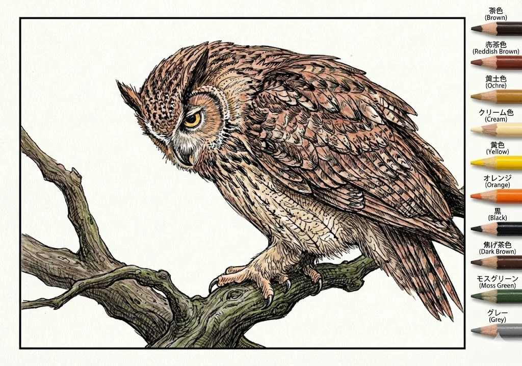 フクロウの塗り絵 完成見本（彩色的見本）