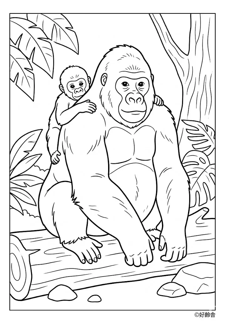 高齢者向け無料塗り絵：森の中のゴリラ（中級・A4印刷用）