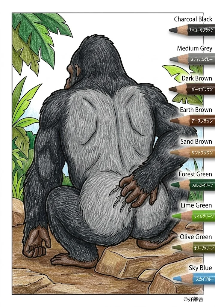ゴリラの塗り絵 完成見本（彩色の見本）