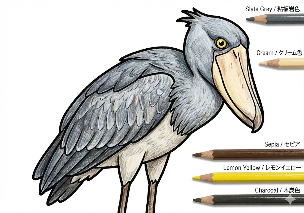 ハシビロコウの塗り絵 完成見本（彩色の見本）