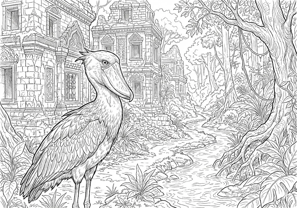 高齢者向け無料塗り絵：鋭い眼光のハシビロコウ（上級・A4印刷用）