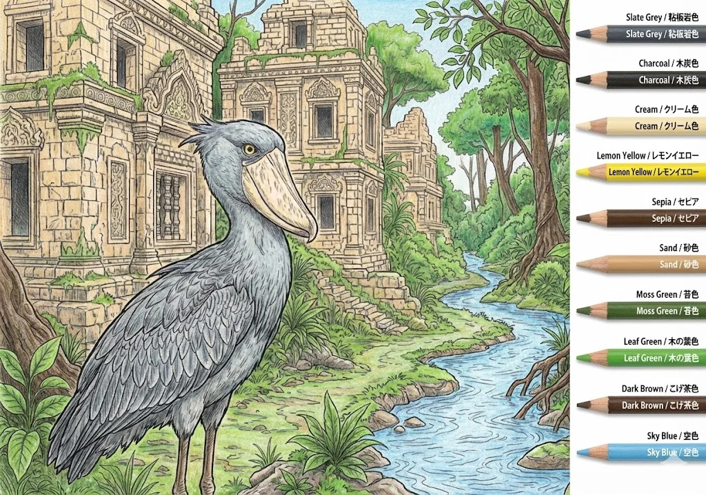 ハシビロコウの塗り絵 完成見本（彩色の見本）