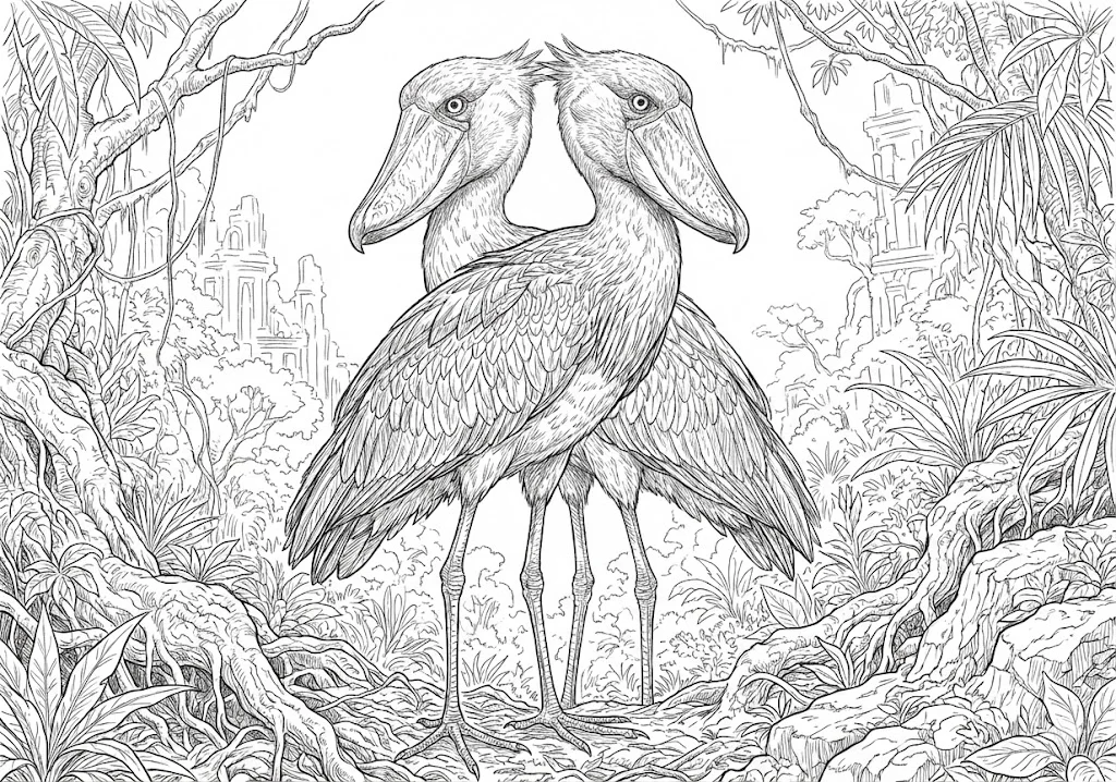 高齢者向け無料塗り絵：静寂の中のハシビロコウ（芸術家・A4印刷用）